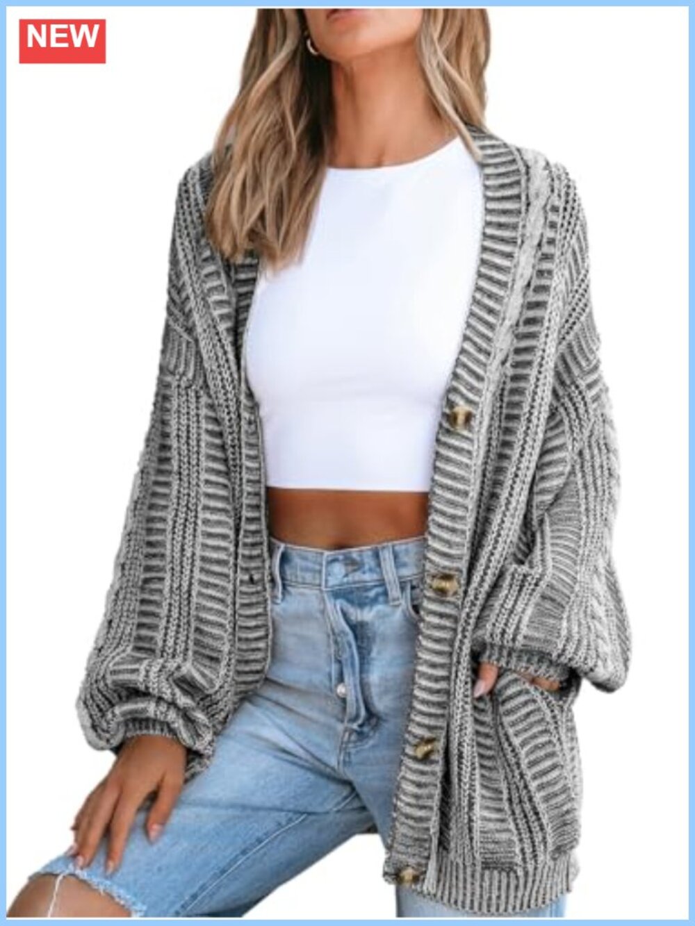 Chunky Knit Open Front Cardigan Button Longline Side Pockets Oversized
